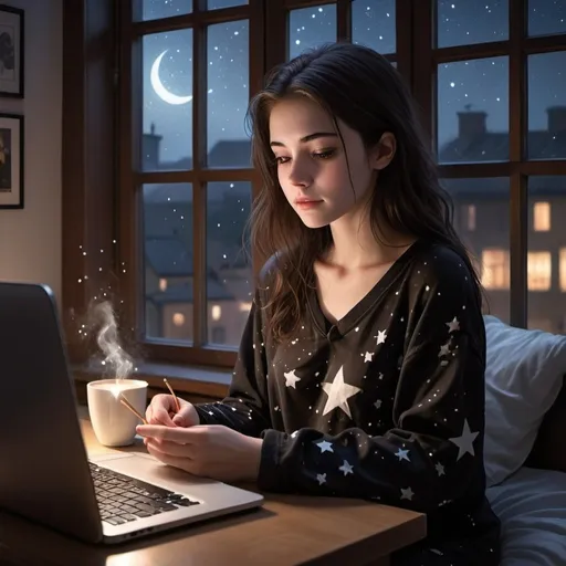 Prompt: A 20-year-old girl, with dark brown hair and white skin, in black pajamas with stars, watching her favorite series on the computer, it's raining outside and it's night, on the study table there's coffee, there's an incense stick in the window, an iPhone on the table