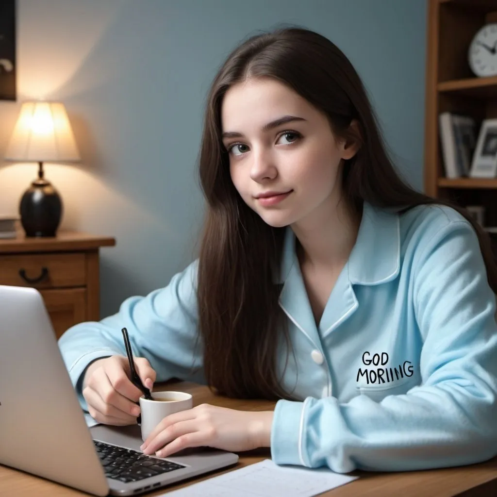 Prompt: A 20-year-old girl with dark brown hair, white skin, Light blue pajamas written "Good morning beautiful", working with marketing at home on the computer, it's night and it's raining outside, on her study table there is coffee