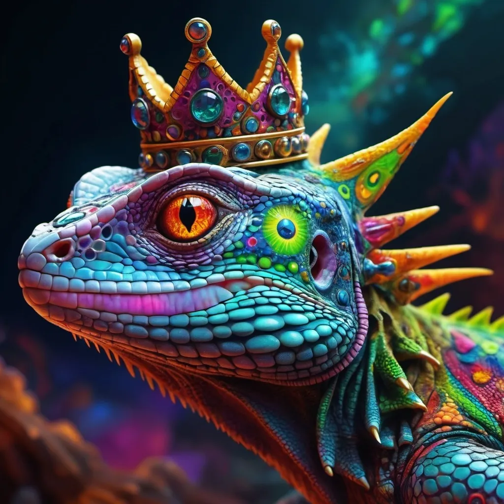 Prompt: Psychodelic lizzard king with organic crown, who has a connection with the reality architect.
Obscure and violent, apocalyptic.
