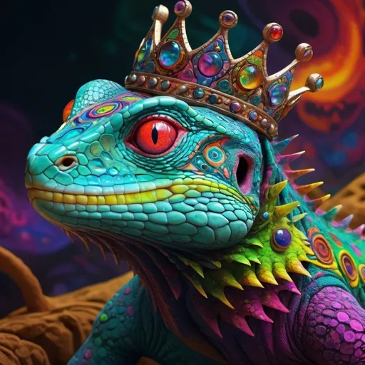 Prompt: Psychodelic lizzard king with organic crown, who has a connection with the reality architect.
Obscure and violent, apocalyptic.
