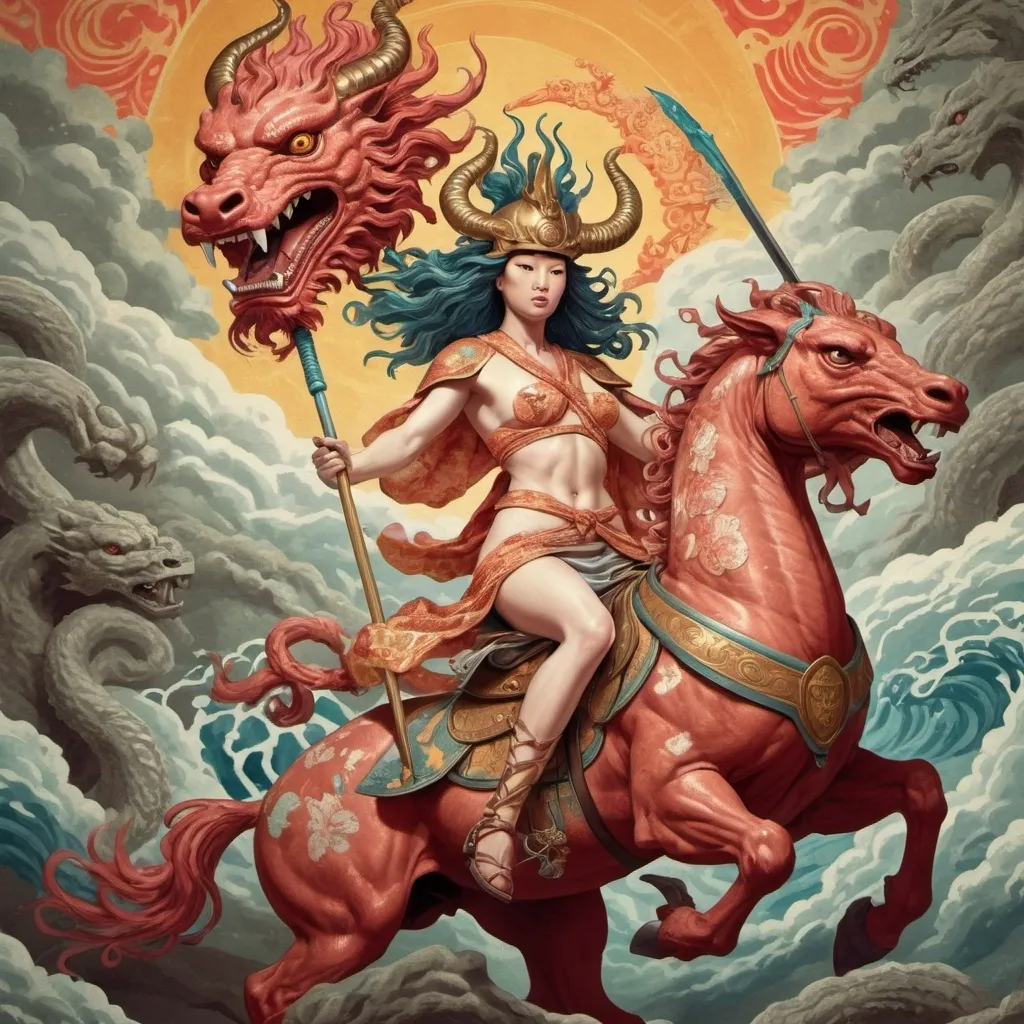 Prompt: hipatía riding a japanese magic kirin, wearing hermes helmet, and ateneas medusa shield and spear. fighting against hydra.
psychodelic ilustration style.