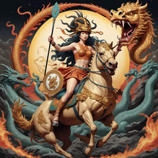 Prompt: hipatía riding a japanese magic kirin, wearing hermes helmet, and ateneas medusa shield and spear. killing hydra.
An eclipse in the background
psychodelic ilustration style.