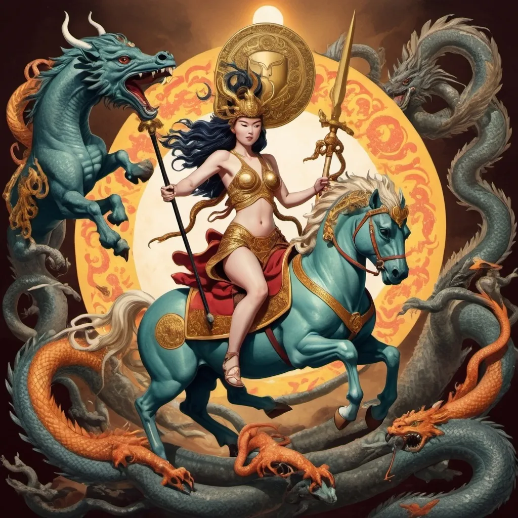 Prompt: hipatía riding a japanese magic kirin, wearing hermes helmet, and ateneas medusa shield and spear. killing hydra.
An eclipse in the background
psychodelic ilustration style.