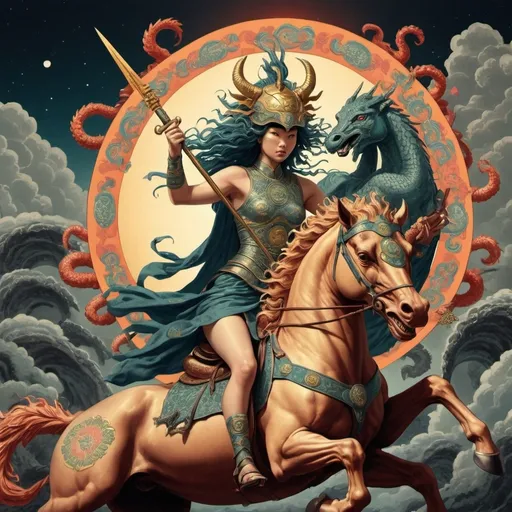 Prompt: hipatía riding a japanese magic kirin, wearing hermes helmet, and ateneas medusa shield and spear. killing hydra.
An eclipse in the background
psychodelic ilustration style.