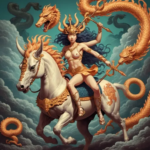 Prompt: hipatía riding a japanese magic kirin, wearing hermes helmet, and ateneas medusa shield and spear. killing hydra.
psychodelic ilustration style.