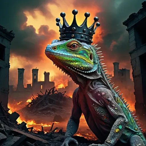 Prompt: Psychodelic lizzard king with organsic crown, who has a connection with the reality architect.
Obscure and violent, apocalyptic.
