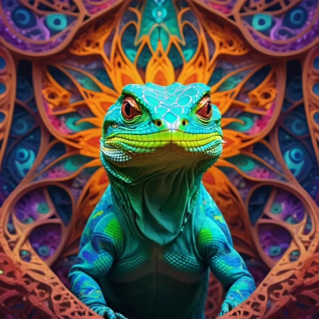 Prompt: Psychodelic King lizzard who has a connection with the reality architect