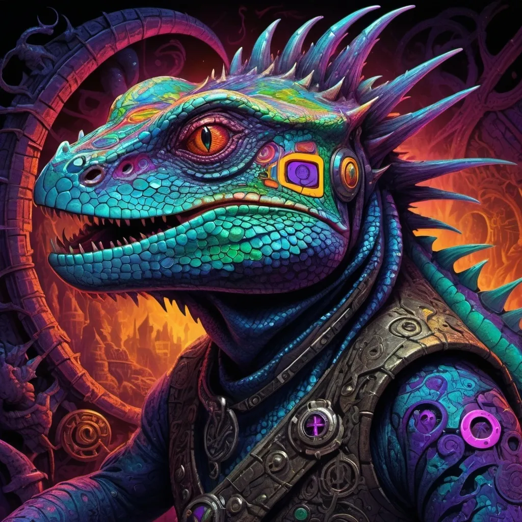 Prompt: Psychodelic lizzard king who has a connection with the reality architect.
Obscure and violent, apocalyptic.
Dungeon and dragons style.