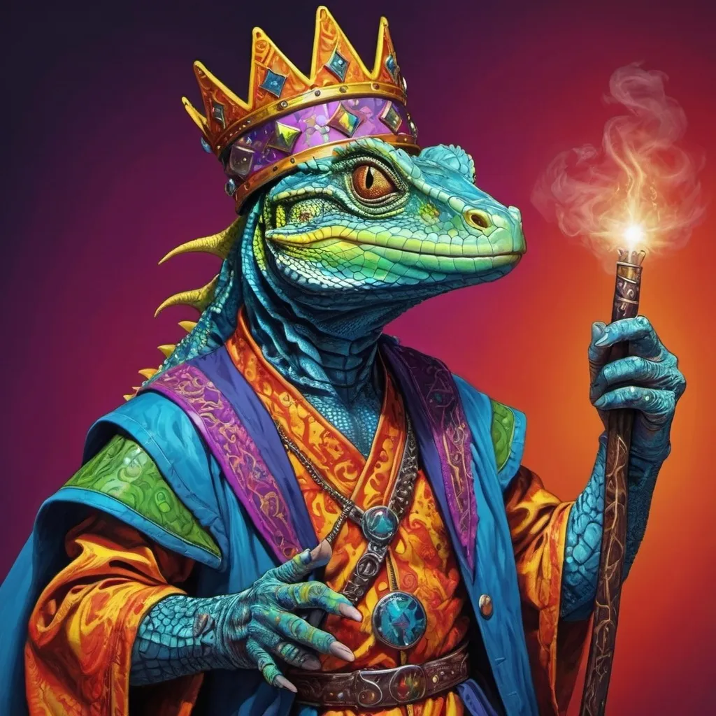 Prompt: psychodelic wizard king lizzard sadic warrior