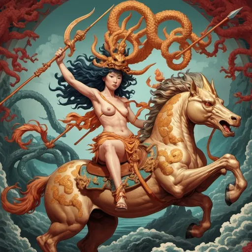 Prompt: hipatía riding a japanese magic kirin, wearing hermes helmet, and ateneas medusa shield and spear. killing hydra.
psychodelic ilustration style.