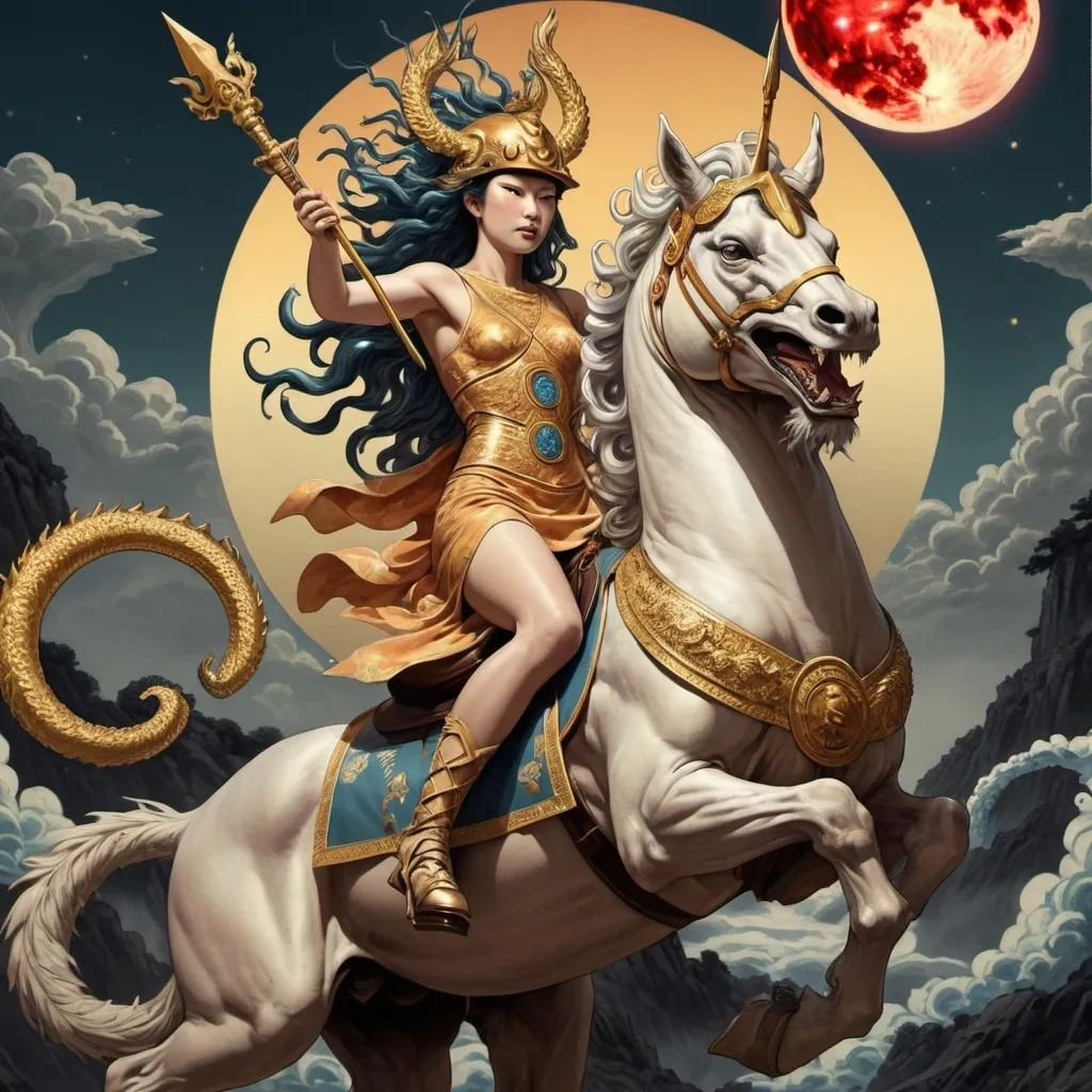 Prompt: hipatía riding a japanese magic kirin, wearing hermes helmet, and ateneas medusa shield and spear. killing hydra.
An eclipse in the background
psychodelic ilustration style.