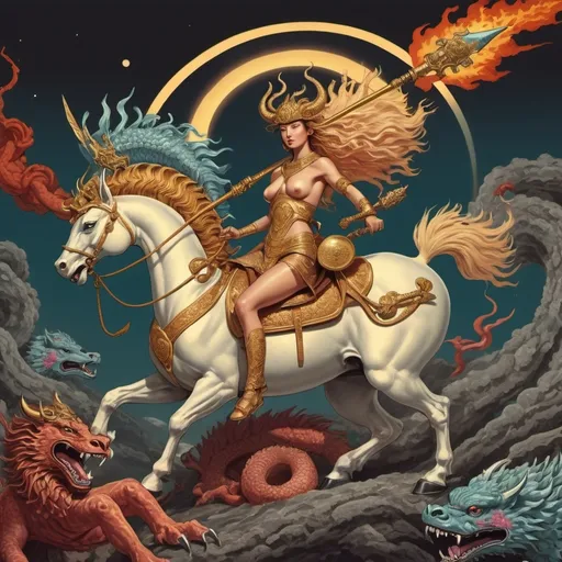 Prompt: hipatía riding a japanese magic kirin, wearing hermes helmet, and ateneas medusa shield and spear. killing hydra.
An eclipse in the background
psychodelic ilustration style.