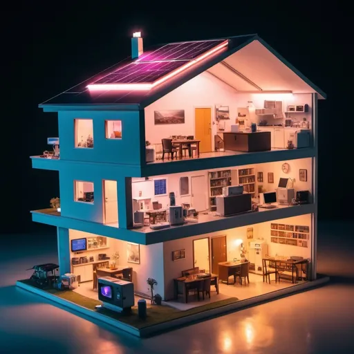 Prompt: a house with a fluorescent tube, a plasma screen, a plasma ball, air purifiers, a plasma medicine, an Illuminated advertising, some romantic candles in a table, solar panels in the roof, a circuit board in a mobile phone, LED lights, a microchip and someone using glasses for reading