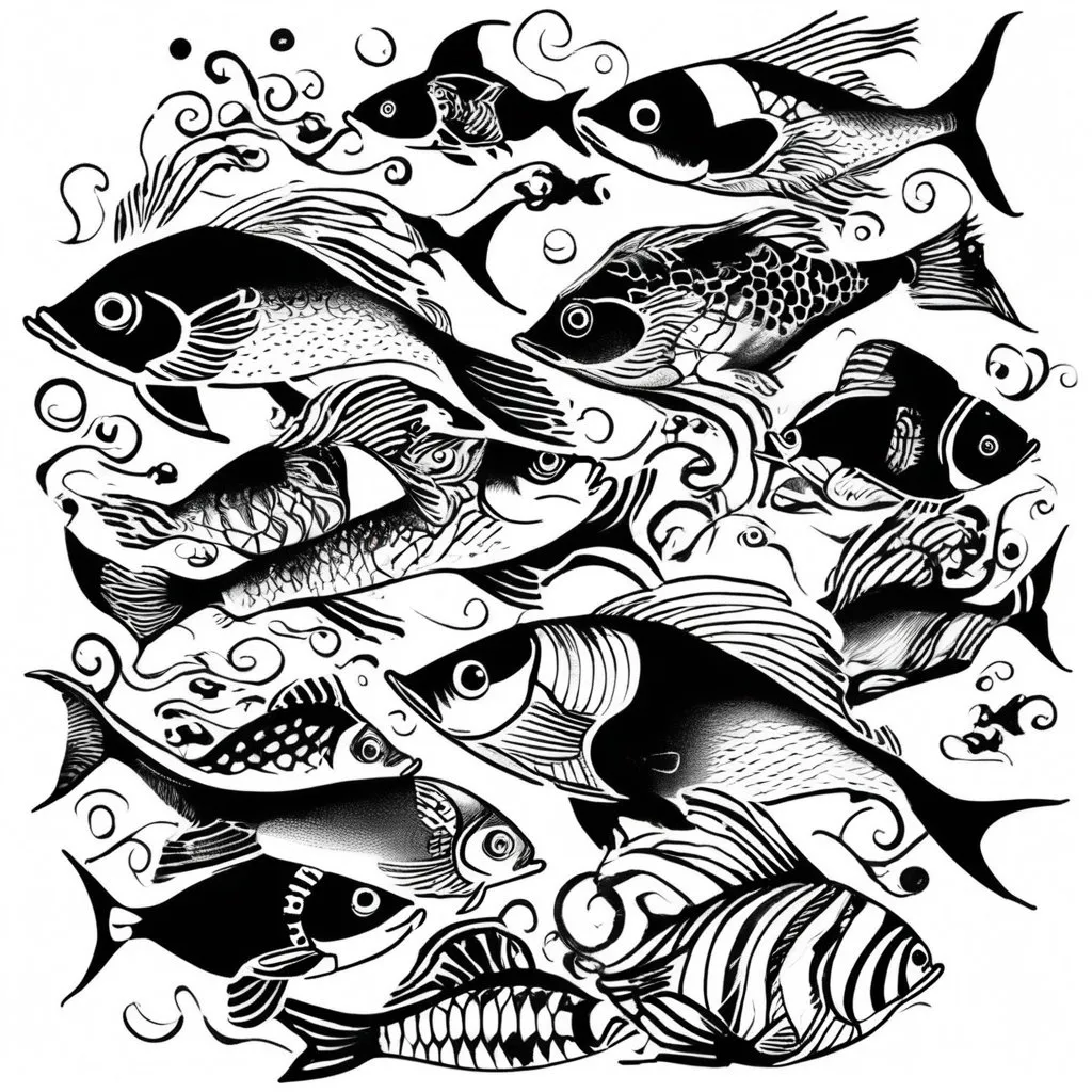 Prompt: a black and white oldschool 
tattoo of a school of fish