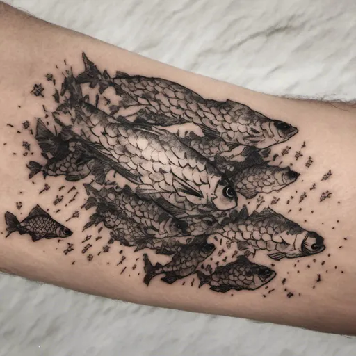 Prompt: <mymodel> a black and white
tattoo of a school of fish. the tattoo must fit on a calf
