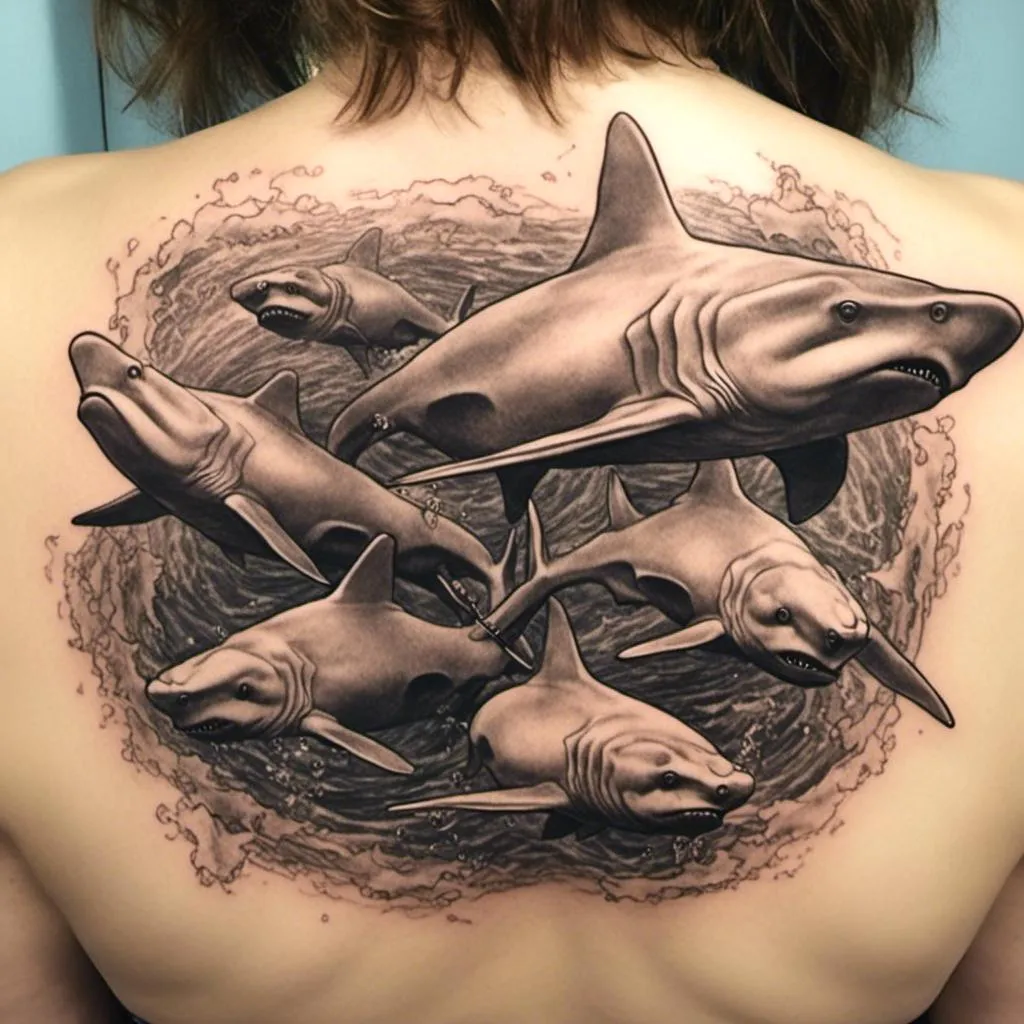 Prompt: <mymodel> A black and white tattoo of a school of hammerhead sharks.