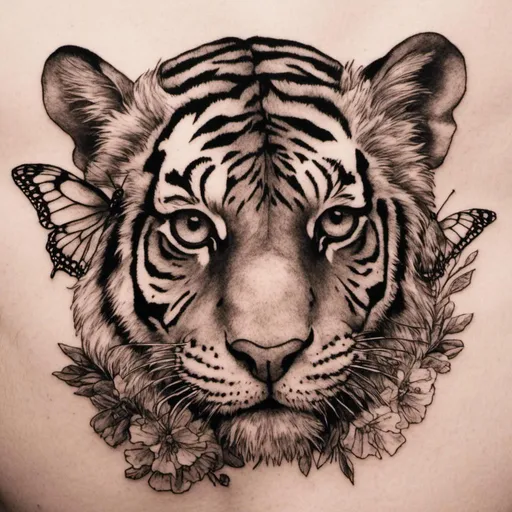 Prompt: <mymodel> A black and white tattoo of a butterfly perched on the nose of a tiger's head.