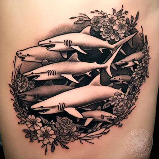 Prompt: <mymodel>  a black and white tattoo of a school of hammer sharks.