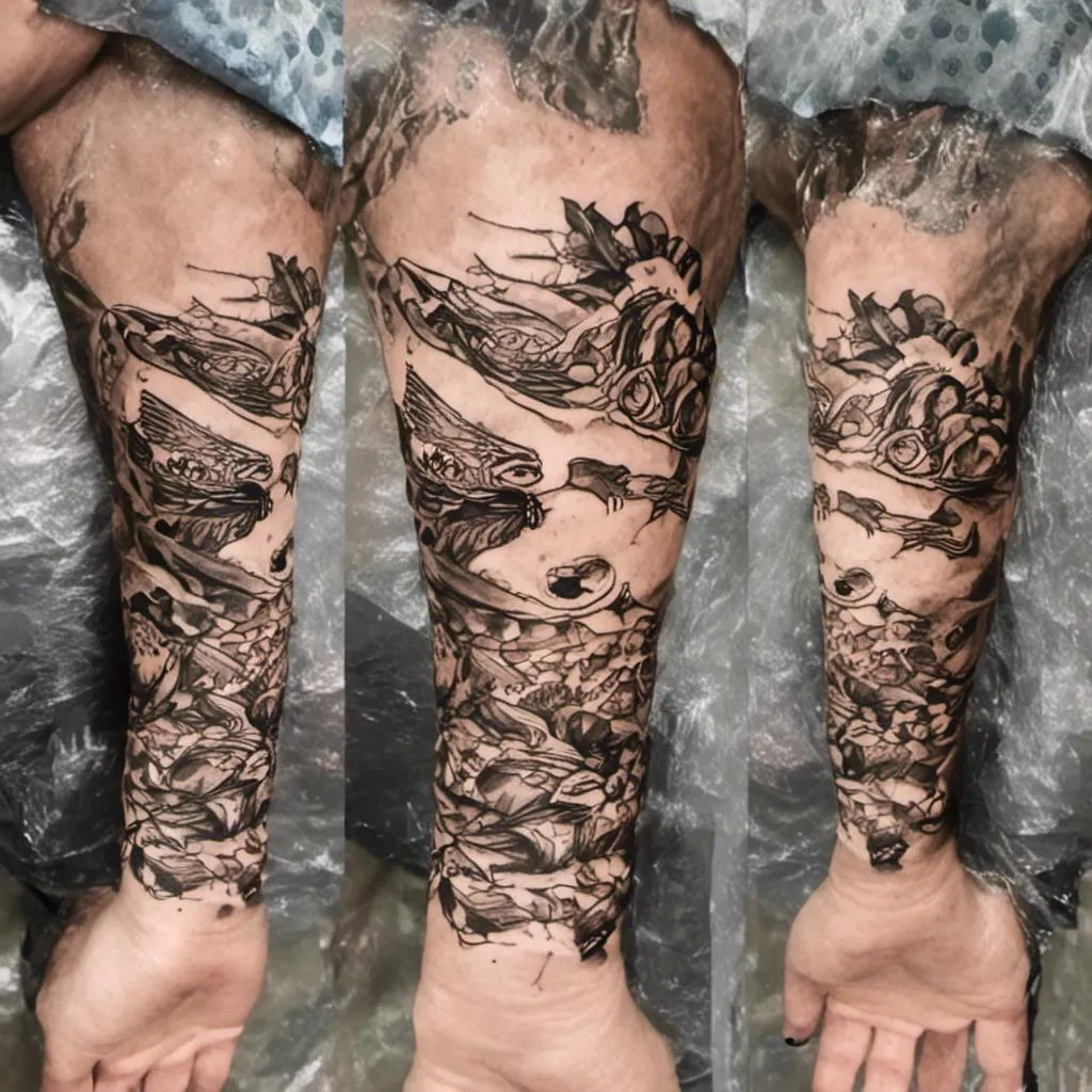 Prompt: <mymodel> a black and white
tattoo of a school of fish. the tattoo must fit on a calf
