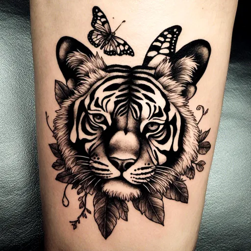 Prompt: <mymodel> A black and white tattoo of a butterfly perched on the nose of a tiger's head.