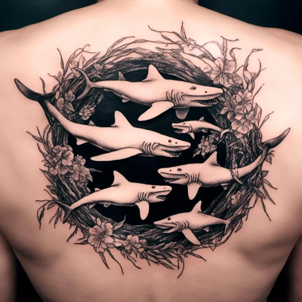 Prompt: <mymodel> A black and white tattoo of a school of hammerhead sharks.