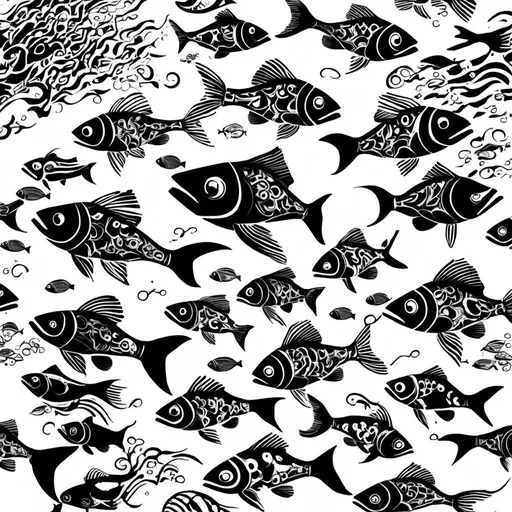 Prompt: a black and white oldschool 
tattoo of a school of fish
