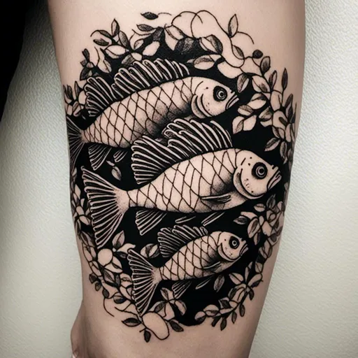 Prompt: <mymodel> a black and white
tattoo of a school of fish. the tattoo must fit on a calf
