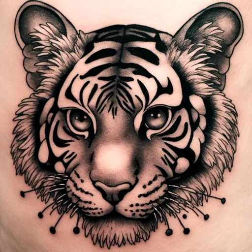 Prompt: <mymodel> A black and white tattoo of a butterfly perched on the nose of a tiger's head.