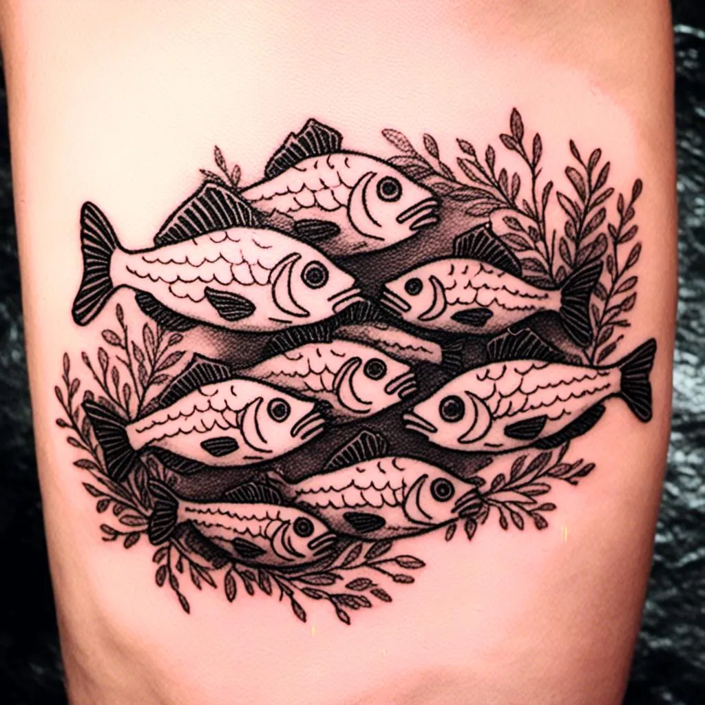 Prompt: <mymodel> a black and white
tattoo of a school of fish. the tattoo must fit on a calf
