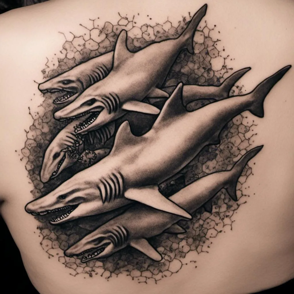 Prompt: <mymodel> A black and white tattoo of a school of hammerhead sharks.