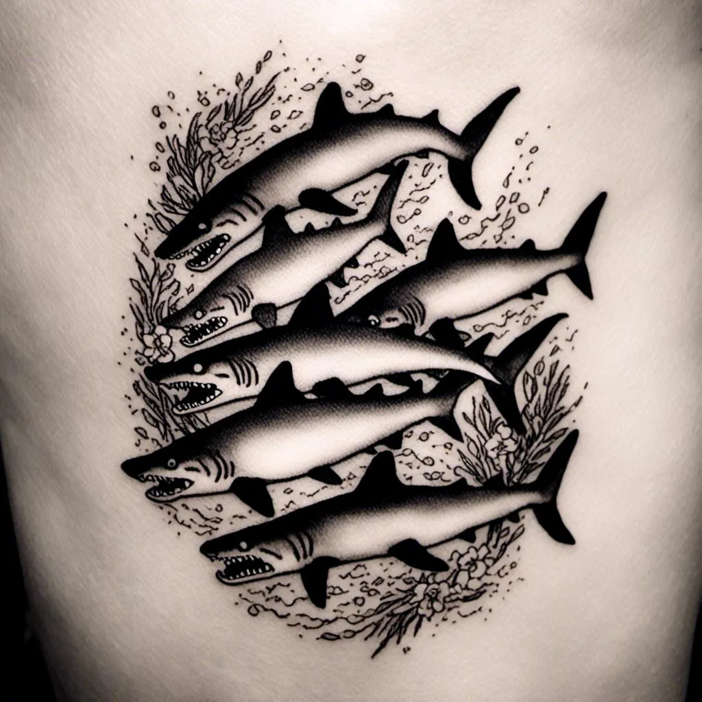 Prompt: <mymodel>  a black and white tattoo of a school of tiger sharks.