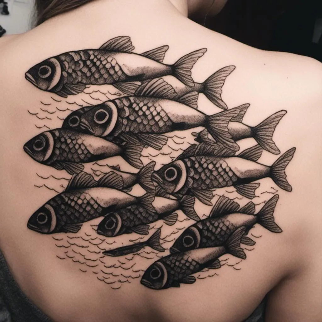 Prompt: <mymodel> a black and white
tattoo of a school of fish. the tattoo must fit on a calf
