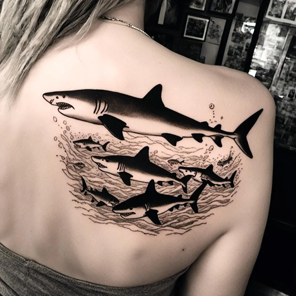 Prompt: <mymodel>  a black and white tattoo of a school of tiger sharks.