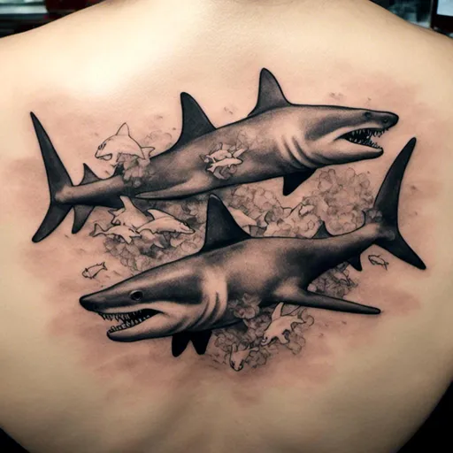 Prompt: <mymodel> A black and white tattoo of a school of hammerhead sharks.
