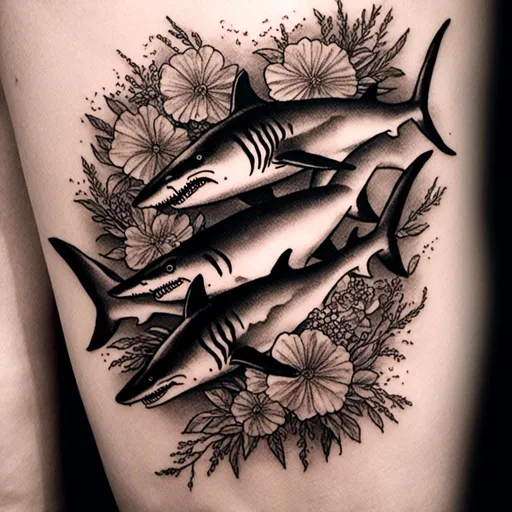 Prompt: <mymodel>  a black and white tattoo of a school of tiger sharks.