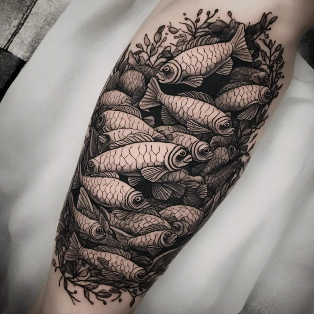 Prompt: <mymodel> a black and white
tattoo of a school of fish. the tattoo must fit on a calf
