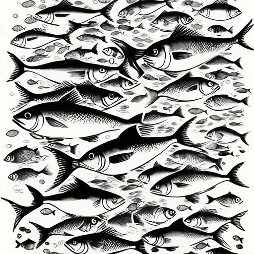 Prompt: a black and white 
tattoo of a school of fish