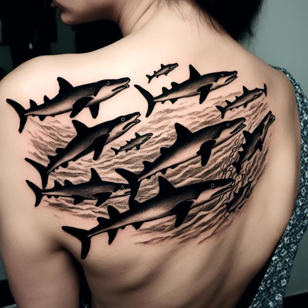 Prompt: <mymodel> A black and white tattoo of a school of hammerhead sharks.
