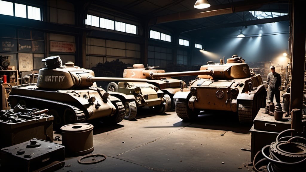 Prompt: Dimly lit, sprawling warehouse filled with worn World War II tanks and jeeps, mechanic surrounded by chaotic yet organized tools and spare parts, aged and worn, gritty realism, industrial, detailed rust and wear, moody lighting, highres, wartime machinery, mechanic at work, atmospheric, gritty, chaotic organization, worn and aged, industrial setting, detailed tools and spare parts, gritty realism, moody lighting