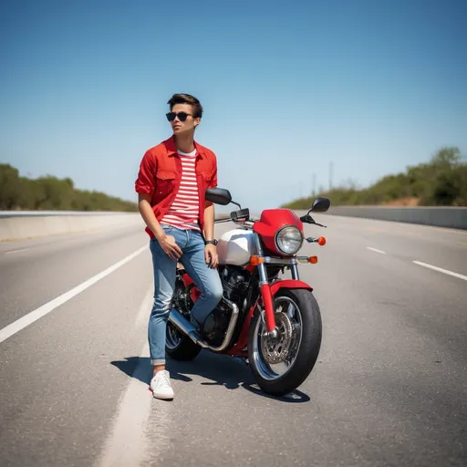 Prompt: A young man leans casually against a sleek motorcycle on the side of a sunlit highway, dressed in a vibrant striped red and white shirt that contrasts with his dark jeans and sporty white sneakers. With his sunglasses reflecting the bright blue sky, he exudes a confident demeanor, looking slightly off-camera with a thoughtful expression. The concrete road is bordered by a safety barrier painted in bold yellow and black stripes, leading into a hilly landscape in the background that is dotted with greenery. Rolling hills are visible against the cloudless sky, suggesting a warm, sunny day ideal for a scenic motorcycle ride, while scattered debris along the roadside hints at a less polished environment. This scene captures a moment of adventure and youthful exuberance amid a picturesque natural backdrop.