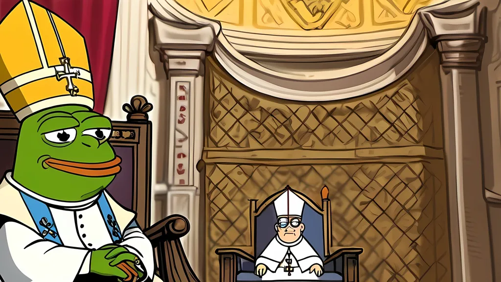 Prompt: Simple Cartoon style of the internet MEME character PEPE. Dressed as the POPE. Sitting on the throne in the Vatican. CARTOON BACKGROUND 