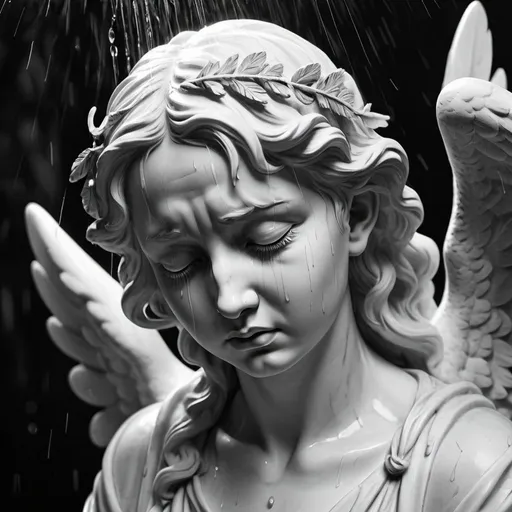 Prompt: Crying angel statue, marble sculpture, tears streaming down the face, detailed feathers, high quality, realistic, classic, monochrome, dramatic lighting, rain