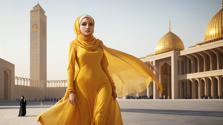 Prompt: a beautiful woman wearing a hijab wearing a yellow dress became the authoritative leader of the provincial capital