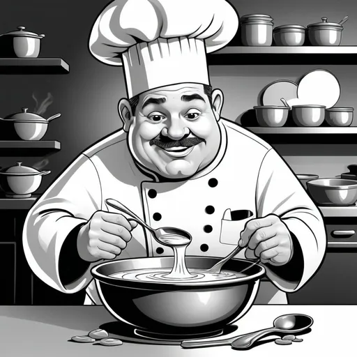 Prompt: chef tasting soup (black and white cartoon style)