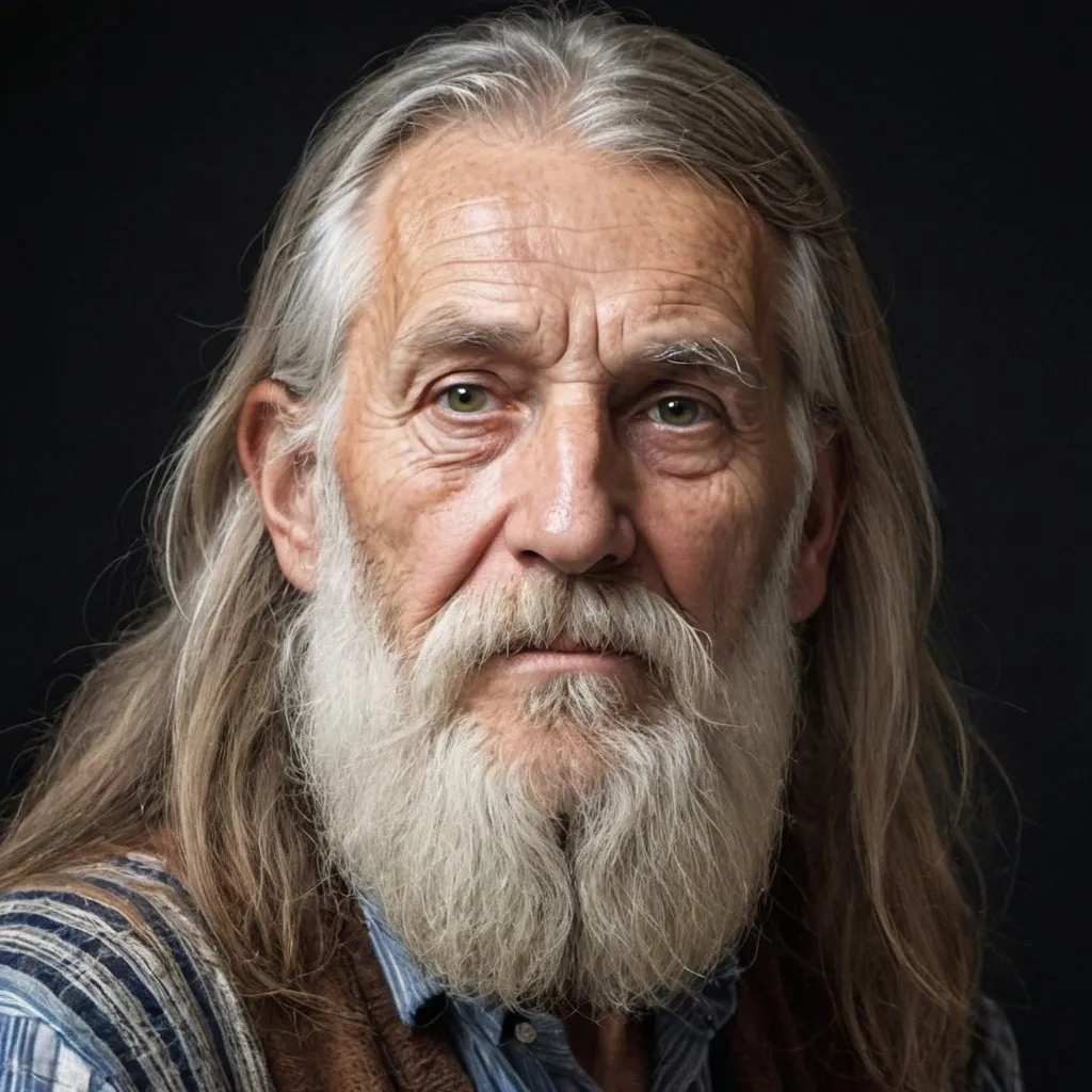 Prompt: Portrait of an old man with long hair and a thick beard, showing wisdom on his features