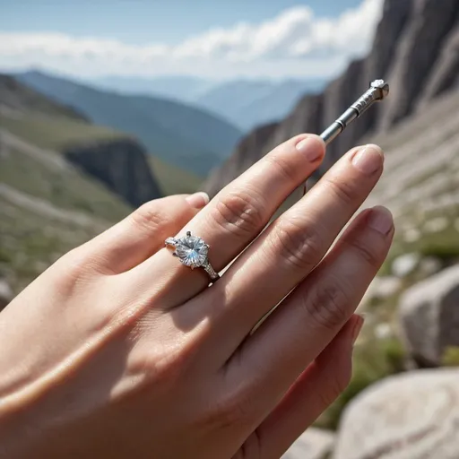 Prompt: An ultra-realistic image of a woman's hand holding a hiking pole, her moissanite diamond ring glistening against the backdrop of a rugged mountain trail, symbolizing the ring's durability and suitability for outdoor adventures. --ar 1:1
