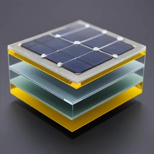 Prompt: solar cells with six layers,the first layer glass, the second layer in yellow, the third layer in gray with small square metal contacts in dark gray