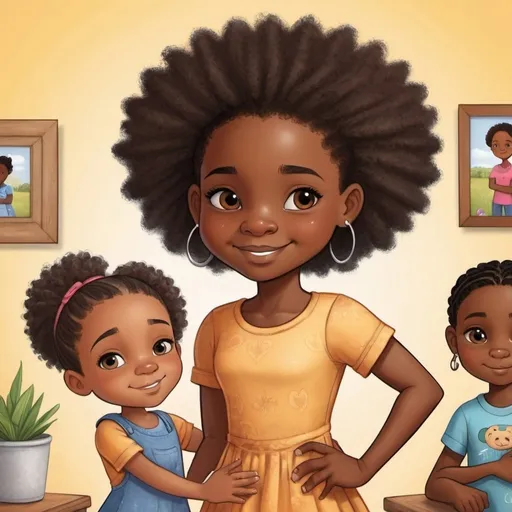 Prompt: Children’s book about coparenting and blended families. African American characters little girl main character 