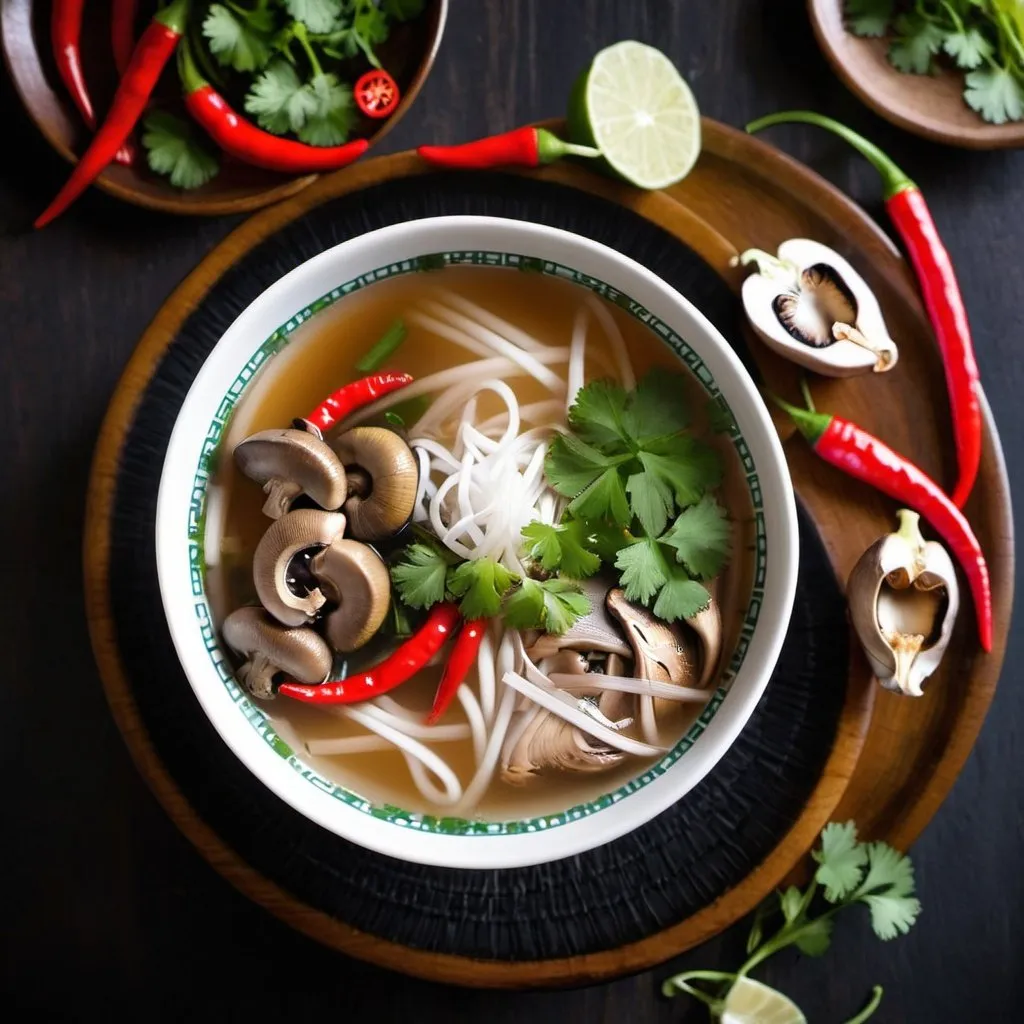 Prompt: pho soup with chili peppers and mushrooms