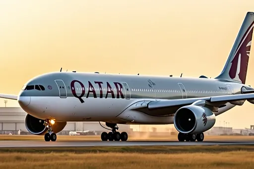 Prompt: an airbus a340, qatar airways, on the airport runway